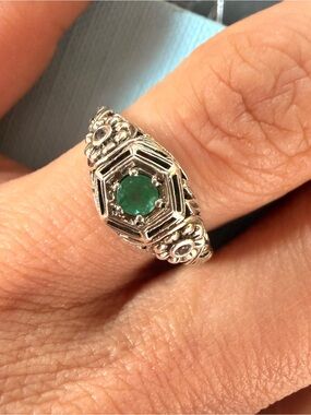 Copy- Natural Emerald & White Topaz Filigree Ring 7 W/ Box & Cert